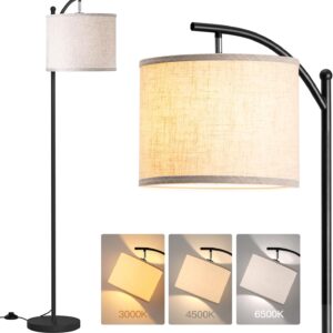 Lámpara de piso de Addlon para sala de estar con 3 temperaturas de color, lámpara de pie con lámpara de lino para dormitorio, oficina, lámparas con bombilla LED de 9 W - Negro con pantalla de lámpara beige